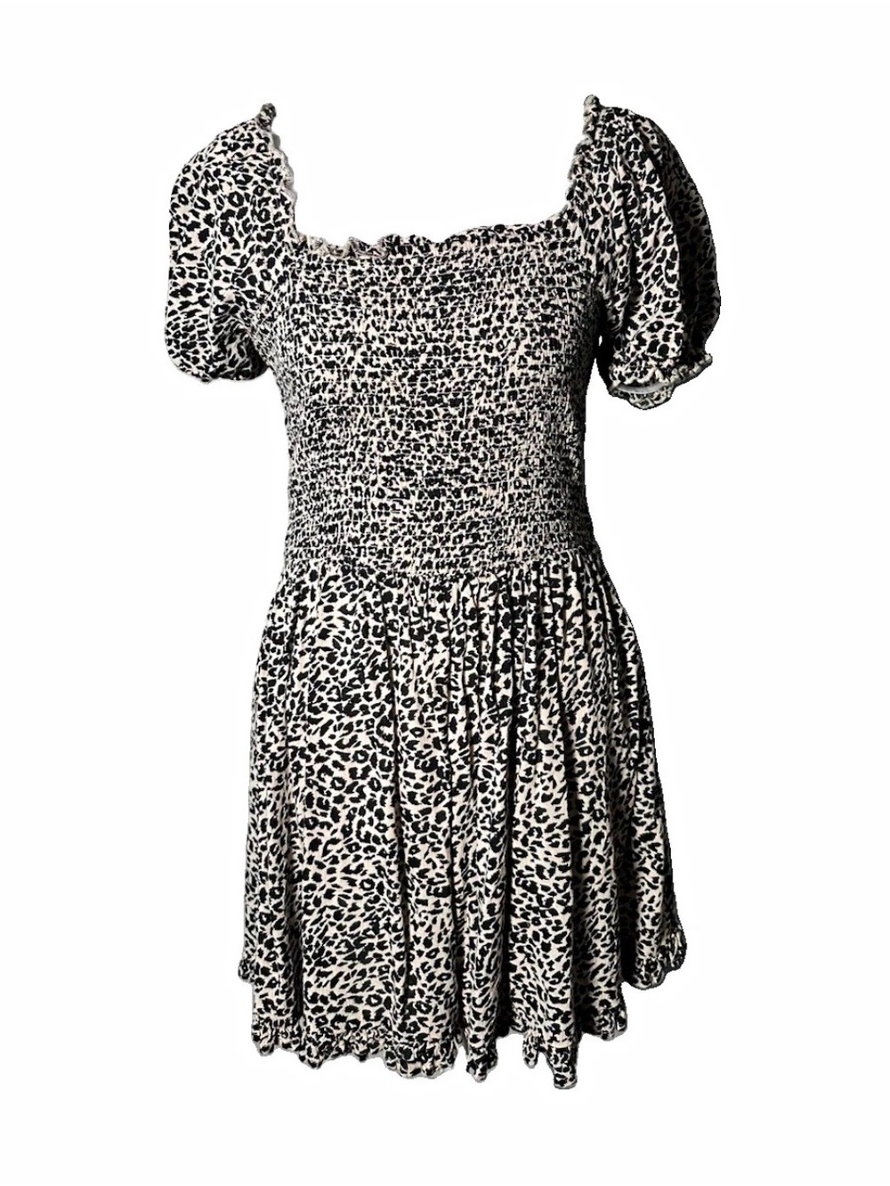 Smocked Leopard Print Puff Sleeve Mini Dress - Black & White